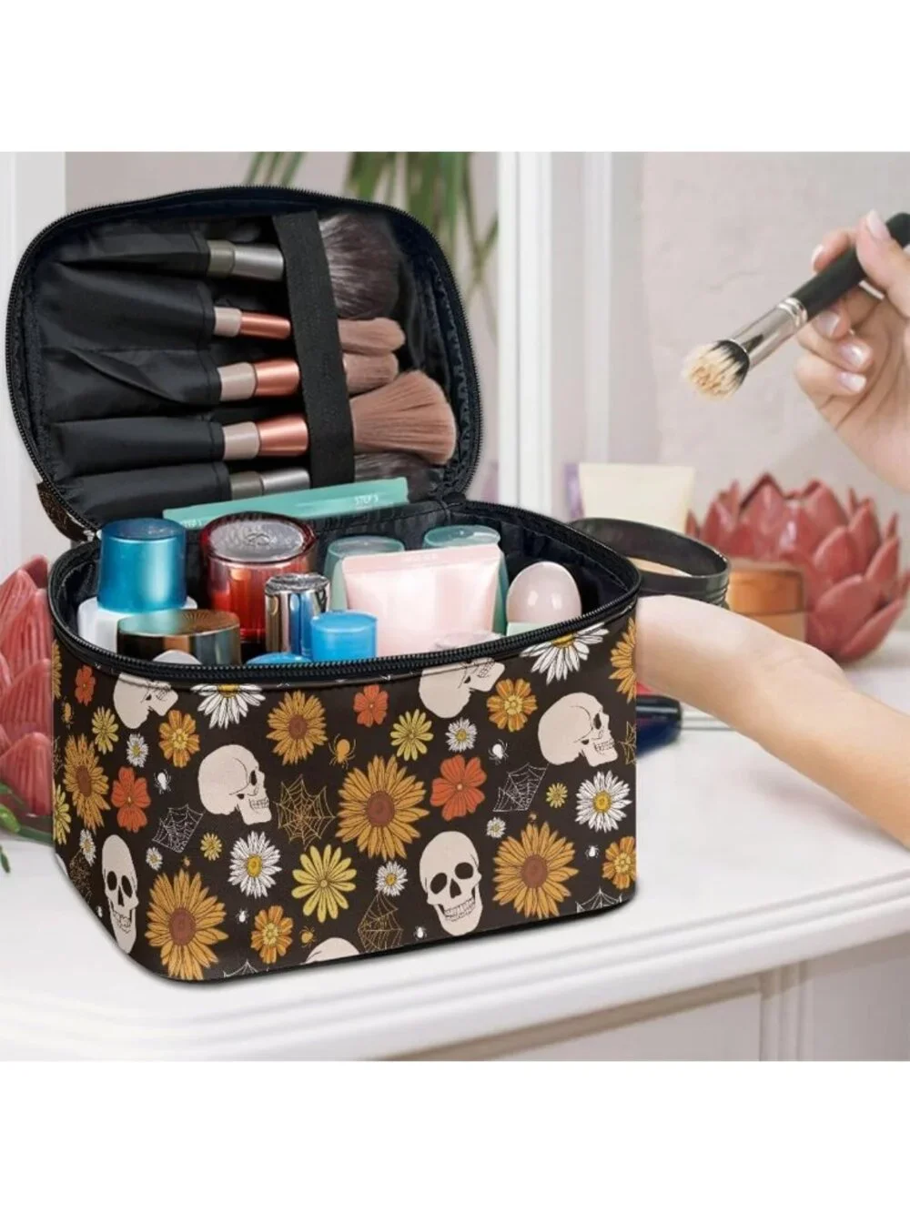 Gothic Floral Skull Makeup Bag - Large Capacity Travel Cosmetic Tote with Zipper